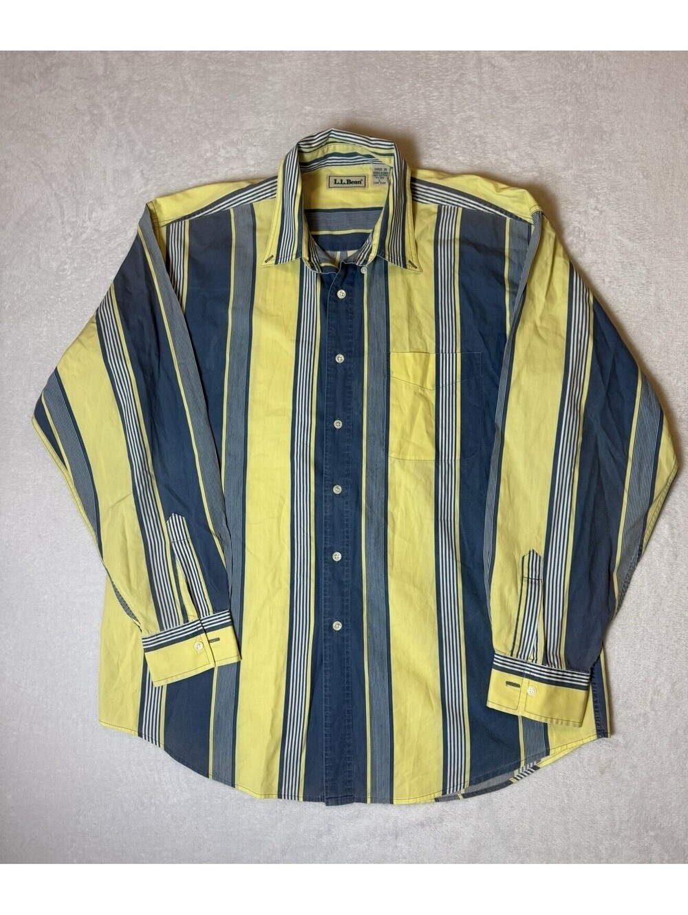 VTG 90s LL Bean Button Down Up Shirt Yellow Blue Colorblock Preppy Striped L